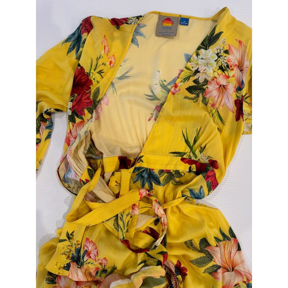 FARM Rio Anthropologie Marketplace Wrap Dress XS Yellow Floral Maxi Resort Boho - Picture 6 of 16